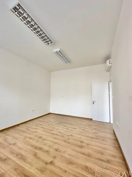 Offices with wood-patterned flooring and white walls, ceiling lights.