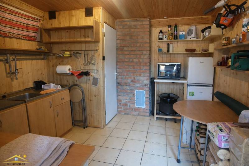 A kitchen in a cabin with wooden decor and a brick chimney, equipped with basic furniture.