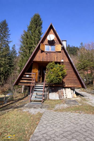 A wooden cottage in Oščadnica surrounded by greenery and conifers in mild sunlight.
