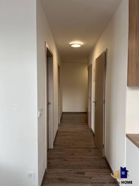 A hallway in a 3-room apartment with a wood-patterned floor and several doors.