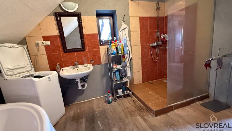 A bathroom in a family house with a washing machine, a mirror, and a shower enclosure.