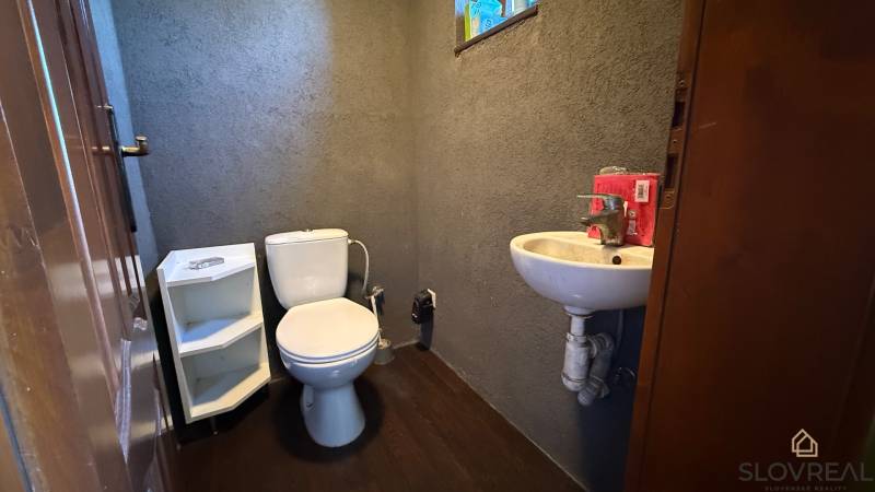 Bathroom with a toilet, sink, and storage space, floor with wooden decor.
