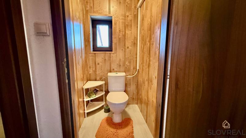 A toilet in a family house with wooden paneling and a small window.