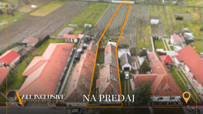 Family house in Topoľníky with a garden for sale, bordered by an orange line.