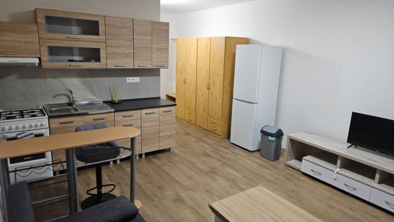 Studio apartment with a kitchenette, refrigerator, and wooden decor flooring.