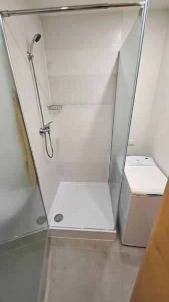 Studio apartment: shower next to the washing machine with simple walls and floor.