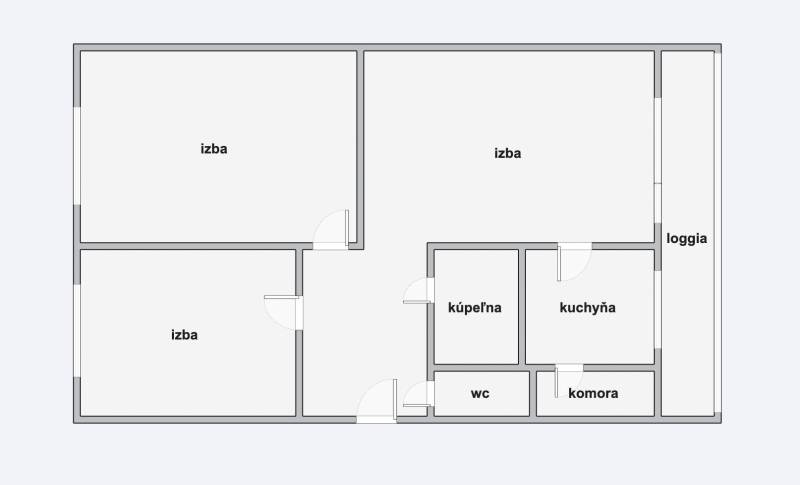 Floor plan of a 3-room apartment with a loggia, kitchen, bathroom, and pantry.