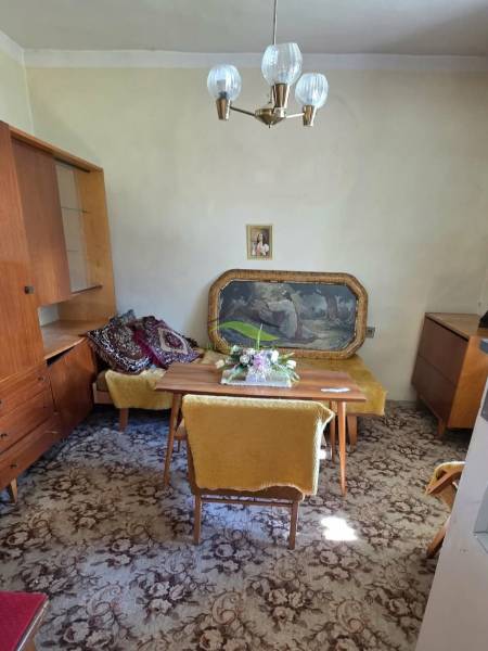 The family house includes a dining room with a carpeted floor, furniture, and a hanging chandelier.