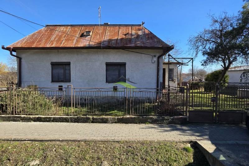 Family house in Pavlovce nad Uhom, metal fence, front garden, metal roof, tree.
