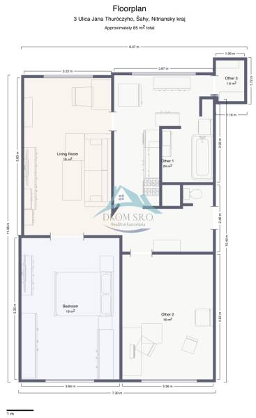 Floor plan of a 3-room apartment on Jána Thuróczyho Street in Šahy, with a bathroom and a living room.