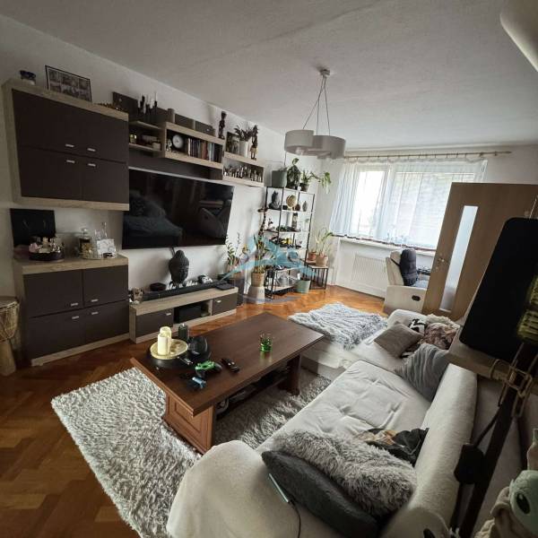 Living room of a 3-room apartment with a wooden decor floor, a comfortable sofa, and decorations.