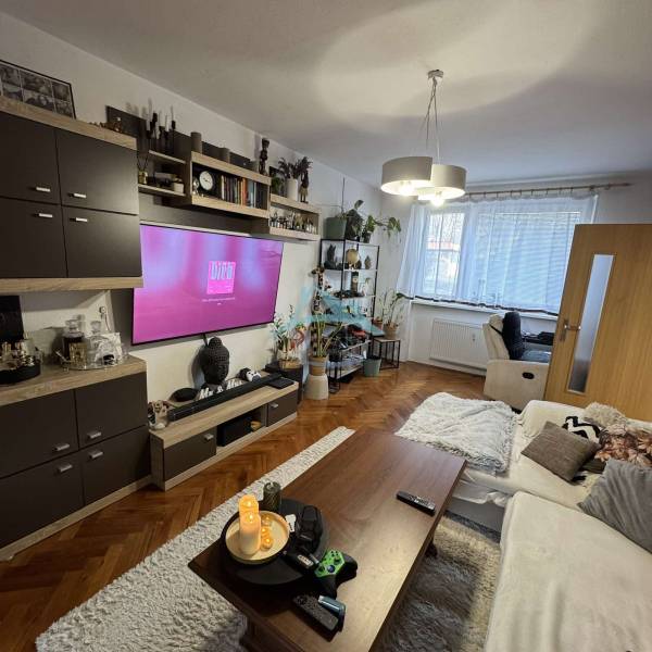 Living room in a 3-room apartment with a comfortable sofa and a floor with a wooden decor.