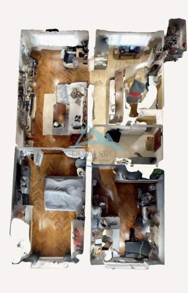 3D floor plan of a 3-room apartment with wood-patterned flooring and furniture.