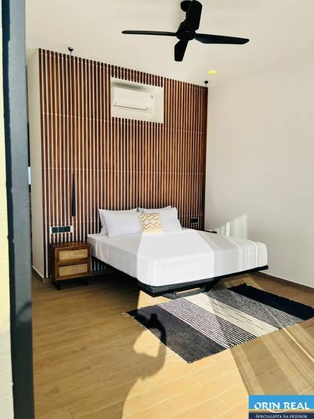 Bedroom in a family house with a patterned wall, fan, carpet, and wood-patterned flooring.