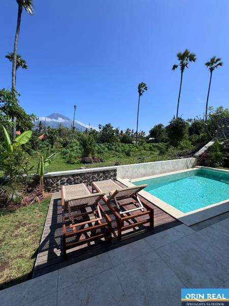 Sunbeds and loungers with a view of greenery on Amed Street, Amed, next to a family house.
