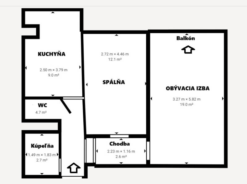 Floor plan of a 2-room apartment with a kitchen, living room, and balcony.