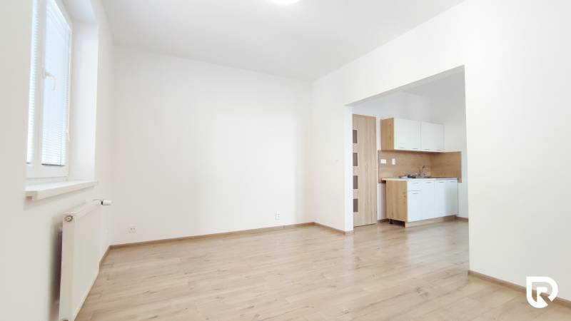 Interior of a 2-room apartment with a kitchen and a wooden decor floor.