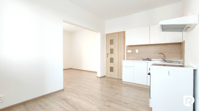 A kitchen in a 2-room apartment with a wooden decor countertop and flooring.