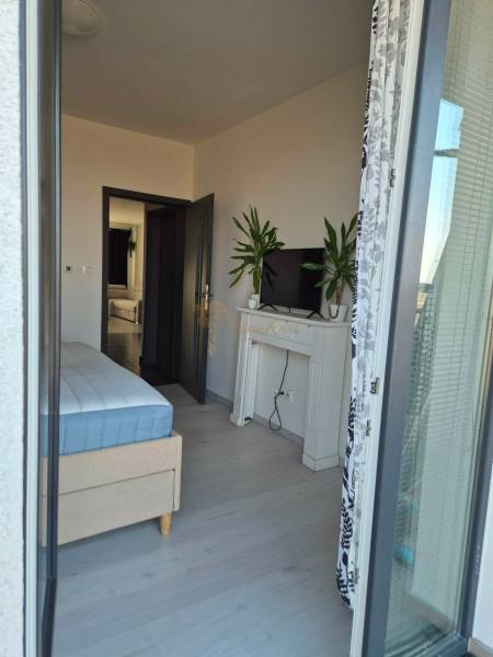 A bedroom with a bed, television, and plants in a 3-room apartment with a wooden decor floor.