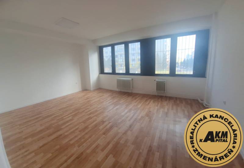 Interior of an office with wood-patterned flooring and large windows.