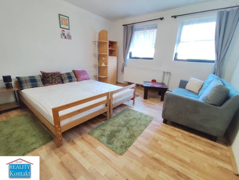 In the 1-room apartment, there is a bed, a sofa, and a floor with a wooden decor.