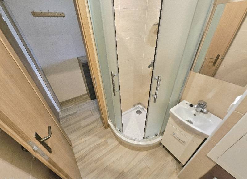 A bathroom in a studio apartment with a cassette shower and a wooden decor floor.