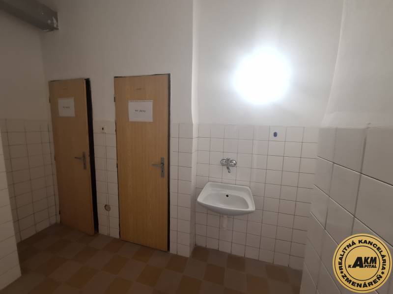 Two doors and a sink in commercial premises, separate toilets, neutral color palette.