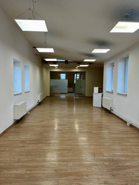 Interior of offices with wood-patterned flooring and hanging lights.