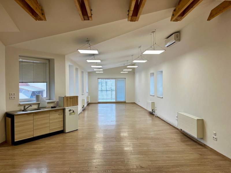 Offices with wood-patterned flooring, built-in lighting fixtures, and a kitchen unit.