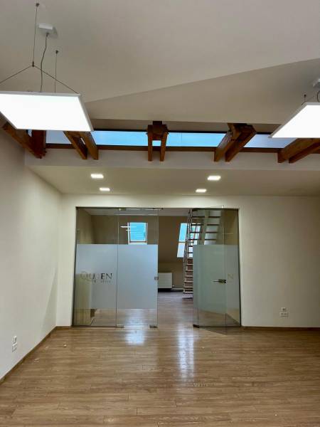 Interior of an office with wood-patterned flooring and glass doors.