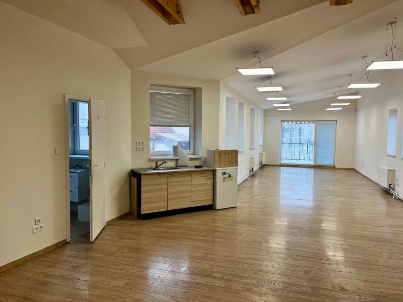 Offices with wood-patterned flooring, large windows, and a kitchenette.