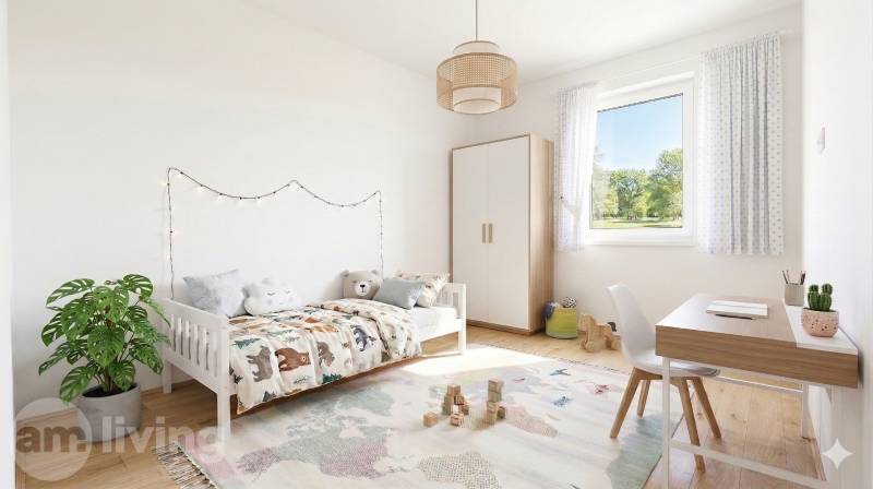 Children's room in a family house with a wooden decor floor and a decorative carpet.