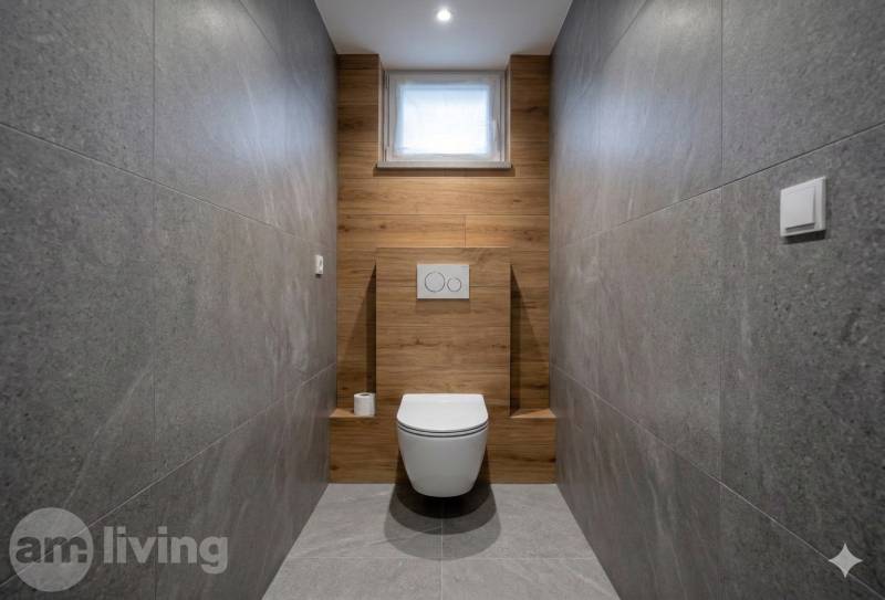 A toilet in a family house with wall tiles and flooring featuring a wood design.