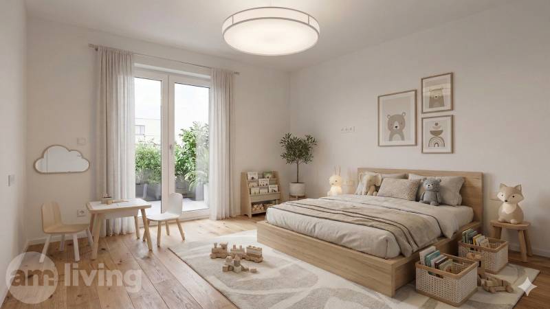 Children's room in a family house with a wooden decor floor and toys.