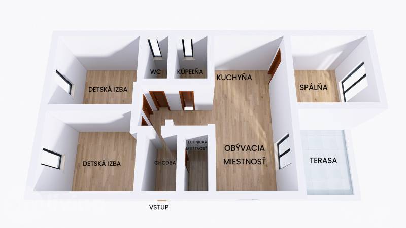 Floor plan of a family house with a terrace and flooring with a wooden decor.