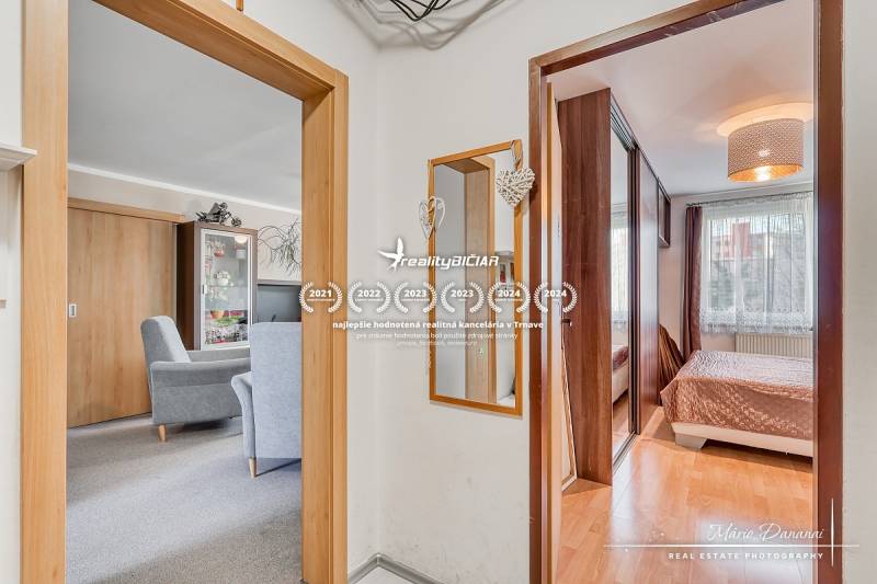Interior of a 4-room apartment with wood-decor flooring, furniture, and a mirror.