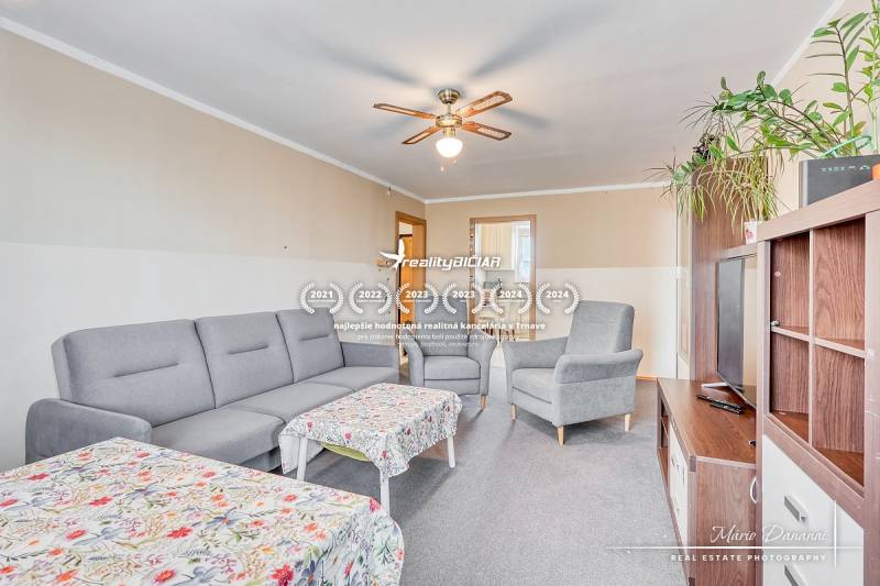 Living room in a 4-room apartment with a gray sofa, table, and ceiling fan.