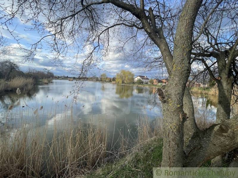 Lake in Tvrdošovce with a view of nature and houses in the background.