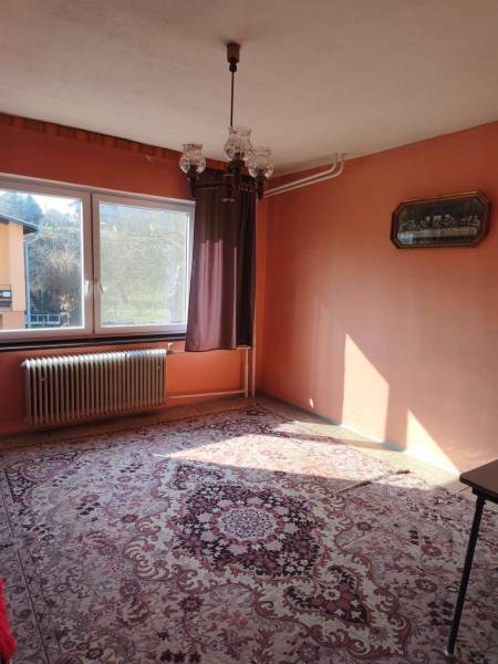 A room in a family house with a carpet, chandelier, window, and radiator, warm-colored walls.