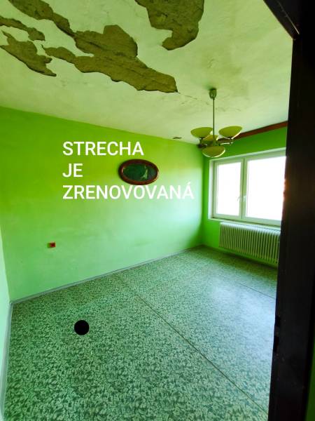 A room in a family house with peeling plaster and green walls.