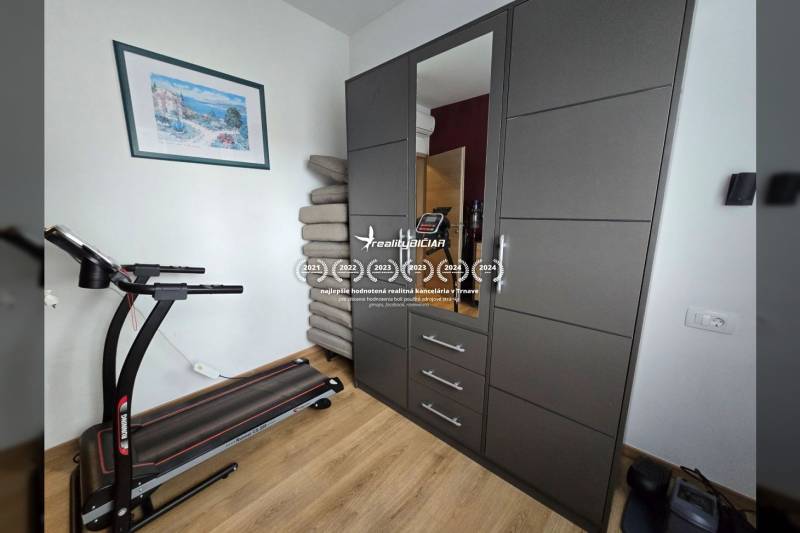 Treadmill, wardrobe with mirror, and floor with wood decor in a recreational apartment.