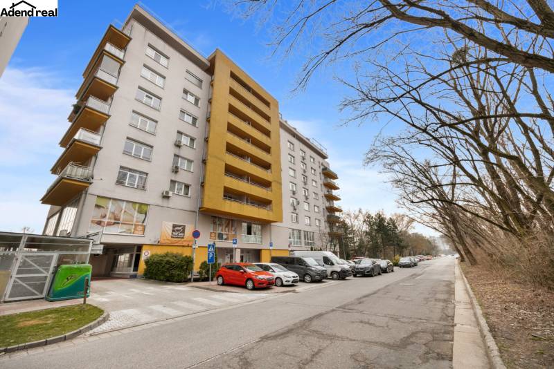 Apartment building on Antolská Street in Bratislava - Petržalka surrounded by trees and parked cars.