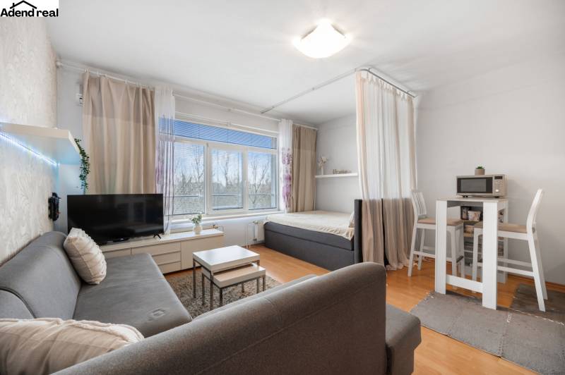 Living area of a studio apartment with a sofa, TV, dining table, and bed.