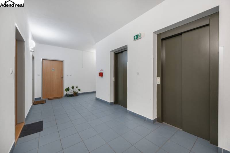 Entrance hallway with elevators and doors in a 1-room apartment, tiled floor.