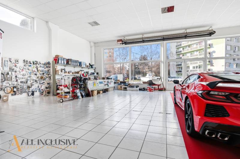 Auto service commercial premises with glass and a displayed car on the tiles, parts on the walls.