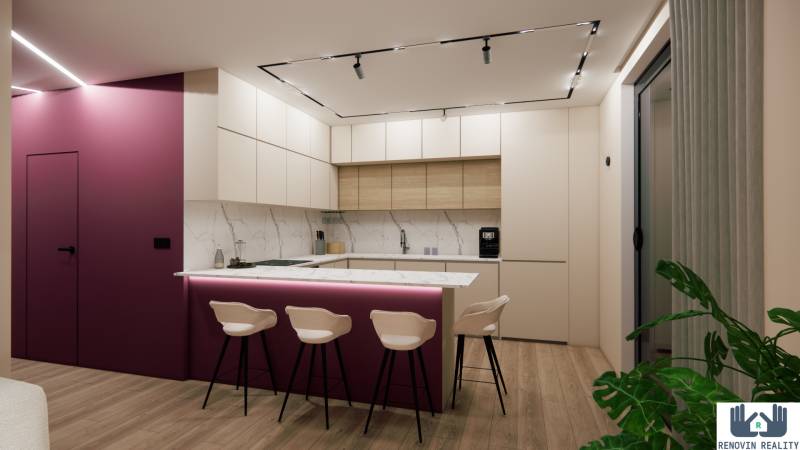 A kitchen in a 3-room apartment with an island, a marble countertop, and a floor with a wood decor.