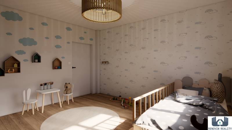 Children's room with cloud-patterned wallpaper and wood-decor flooring, 3-room apartment.
