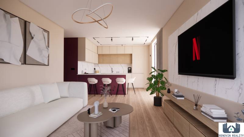 A stylish living room in a 3-room apartment with a wooden decor floor and a modern kitchen.