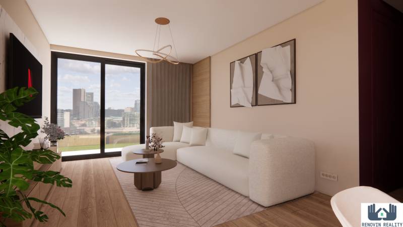 Bright living room with wood-patterned flooring and a comfortable sofa, 3-room apartment.