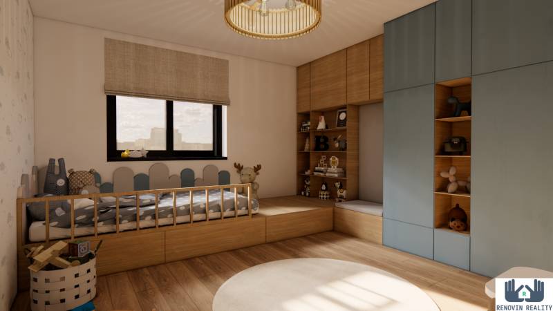 Children's room in a three-room apartment with a wooden decor floor and storage space.
